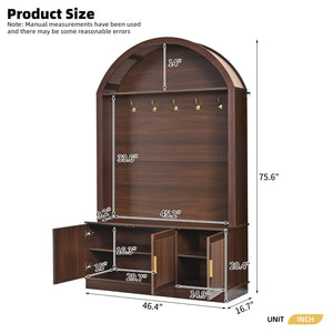English Elm Farmhouse Fluted Cabinet Hall Tree with Arched Fabric Top Bench and Five Metal Hooks Walnut N721P473132P