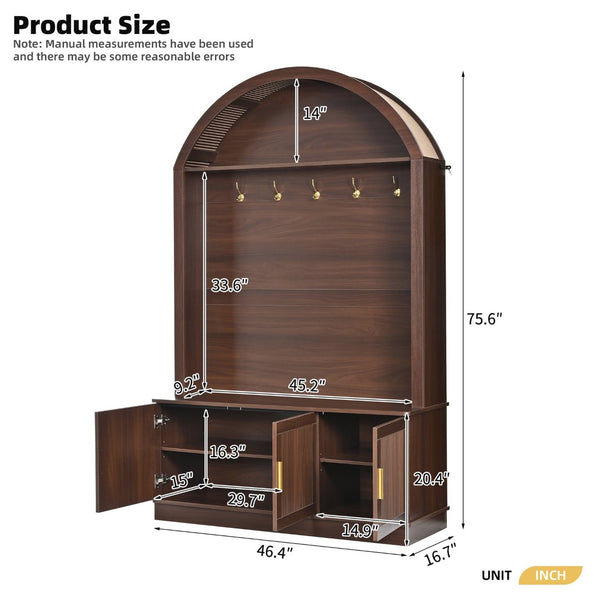 English Elm Farmhouse Fluted Cabinet Hall Tree with Arched Fabric Top Bench and Five Metal Hooks Walnut N721P473132P