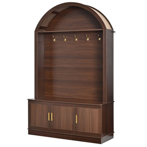 English Elm Farmhouse Fluted Cabinet Hall Tree with Arched Fabric Top Bench and Five Metal Hooks Walnut N721P473132P