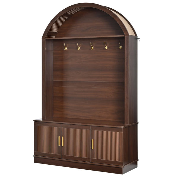 English Elm Farmhouse Fluted Cabinet Hall Tree with Arched Fabric Top Bench and Five Metal Hooks Walnut N721P473132P