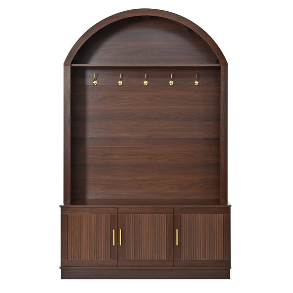 English Elm Farmhouse Fluted Cabinet Hall Tree with Arched Fabric Top Bench and Five Metal Hooks Walnut N721P473132P