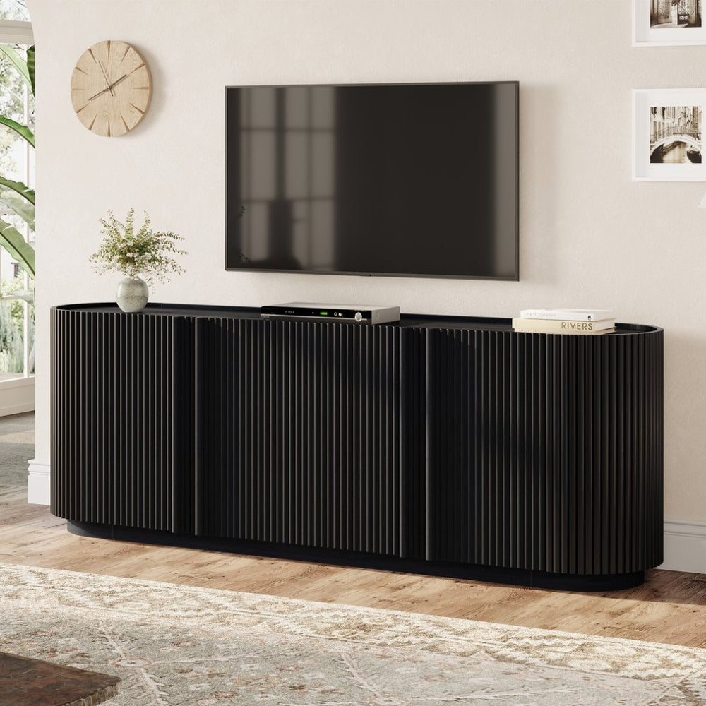 English Elm Mid Century Tambour Door Media Console with Walnut Veneer and Adjustable Storage Shelves Black N721P473142B