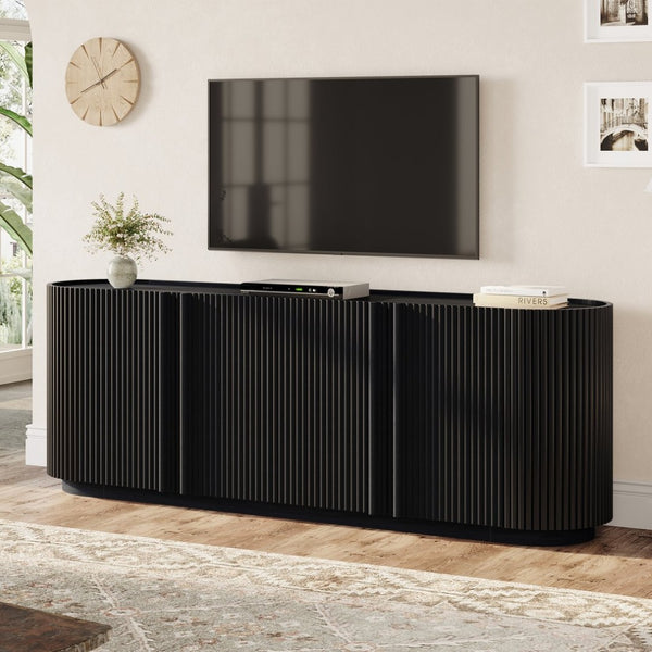 English Elm Mid Century Tambour Door Media Console with Walnut Veneer and Adjustable Storage Shelves Black N721P473142B