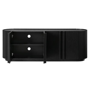 English Elm Mid Century Tambour Door Media Console with Walnut Veneer and Adjustable Storage Shelves Black N721P473142B