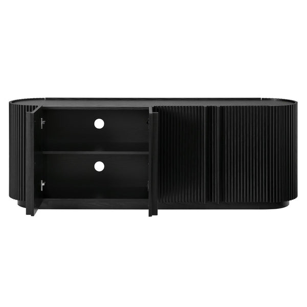 English Elm Mid Century Tambour Door Media Console with Walnut Veneer and Adjustable Storage Shelves Black N721P473142B