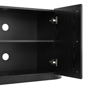 English Elm Mid Century Tambour Door Media Console with Walnut Veneer and Adjustable Storage Shelves Black N721P473142B