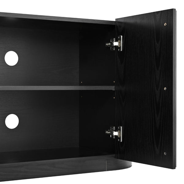 English Elm Mid Century Tambour Door Media Console with Walnut Veneer and Adjustable Storage Shelves Black N721P473142B
