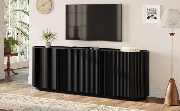 English Elm Mid Century Tambour Door Media Console with Walnut Veneer and Adjustable Storage Shelves Black N721P473142B