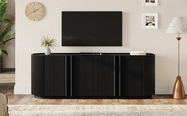 English Elm Mid Century Tambour Door Media Console with Walnut Veneer and Adjustable Storage Shelves Black N721P473142B