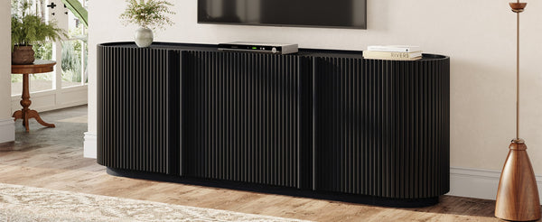 English Elm Mid Century Tambour Door Media Console with Walnut Veneer and Adjustable Storage Shelves Black N721P473142B