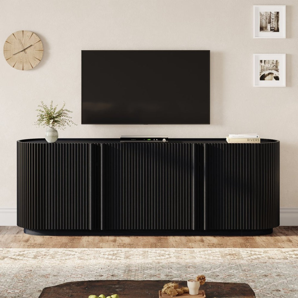 English Elm Mid Century Tambour Door Media Console with Walnut Veneer and Adjustable Storage Shelves Black N721P473142B
