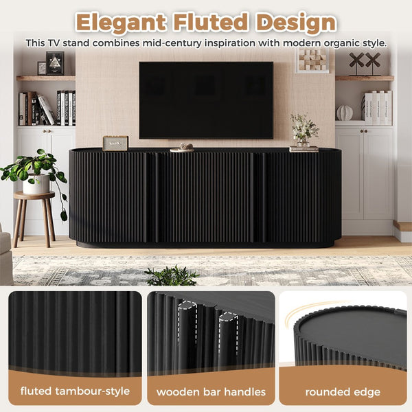 English Elm Mid Century Tambour Door Media Console with Walnut Veneer and Adjustable Storage Shelves Black N721P473142B