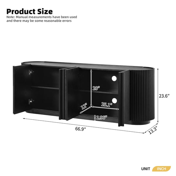 English Elm Mid Century Tambour Door Media Console with Walnut Veneer and Adjustable Storage Shelves Black N721P473142B