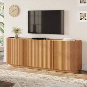English Elm Mid Century Tambour Door Media Console with Walnut Veneer and Adjustable Storage Shelves Natural N721P473142D