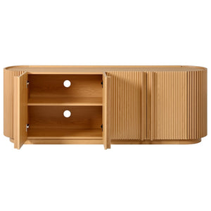 English Elm Mid Century Tambour Door Media Console with Walnut Veneer and Adjustable Storage Shelves Natural N721P473142D