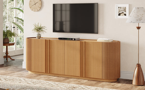 English Elm Mid Century Tambour Door Media Console with Walnut Veneer and Adjustable Storage Shelves Natural N721P473142D