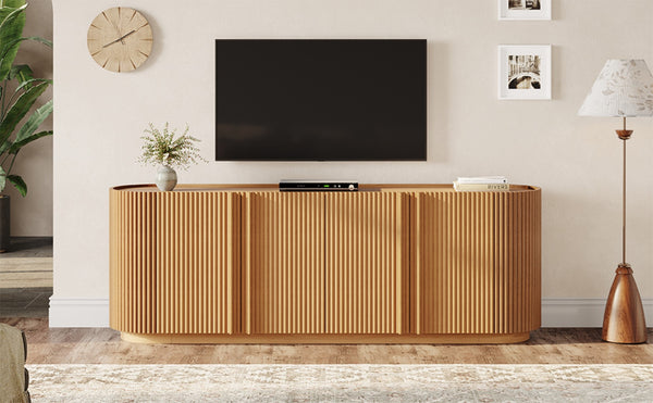 English Elm Mid Century Tambour Door Media Console with Walnut Veneer and Adjustable Storage Shelves Natural N721P473142D
