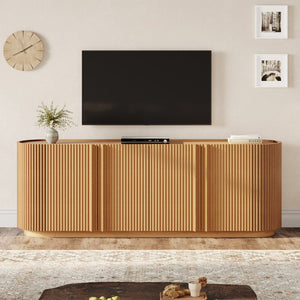 English Elm Mid Century Tambour Door Media Console with Walnut Veneer and Adjustable Storage Shelves Natural N721P473142D