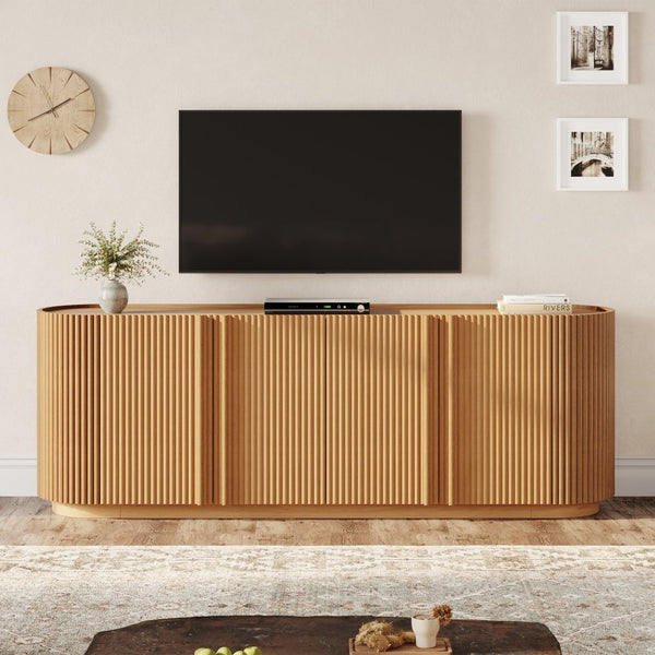 English Elm Mid Century Tambour Door Media Console with Walnut Veneer and Adjustable Storage Shelves Natural N721P473142D