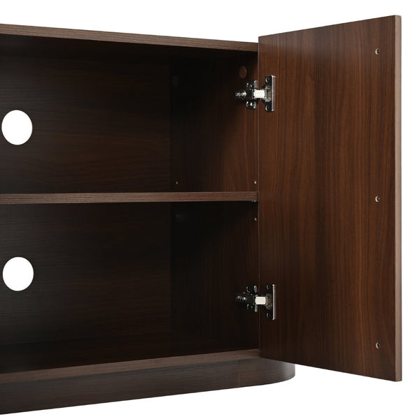 English Elm Mid Century Tambour Door Media Console with Walnut Veneer and Adjustable Storage Shelves Walnut N721P473142P