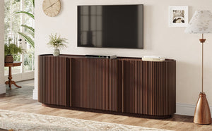 English Elm Mid Century Tambour Door Media Console with Walnut Veneer and Adjustable Storage Shelves Walnut N721P473142P