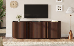 English Elm Mid Century Tambour Door Media Console with Walnut Veneer and Adjustable Storage Shelves Walnut N721P473142P