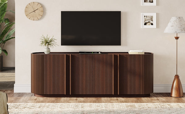 English Elm Mid Century Tambour Door Media Console with Walnut Veneer and Adjustable Storage Shelves Walnut N721P473142P