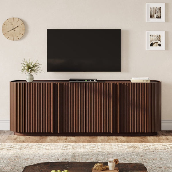 English Elm Mid Century Tambour Door Media Console with Walnut Veneer and Adjustable Storage Shelves Walnut N721P473142P