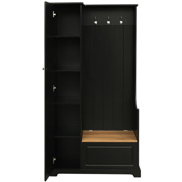 English Elm Stylish Minimalist Hall Tree with Flip Bench Shoe Cabinet and Hanging Hooks Black N721P484458B