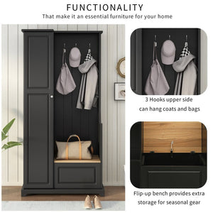 English Elm Stylish Minimalist Hall Tree with Flip Bench Shoe Cabinet and Hanging Hooks Black N721P484458B