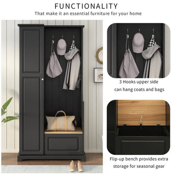 English Elm Stylish Minimalist Hall Tree with Flip Bench Shoe Cabinet and Hanging Hooks Black N721P484458B