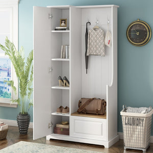 English Elm Stylish Minimalist Hall Tree with Flip Bench Shoe Cabinet and Hanging Hooks White N721P484458K