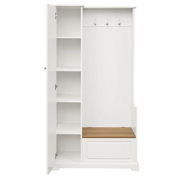 English Elm Stylish Minimalist Hall Tree with Flip Bench Shoe Cabinet and Hanging Hooks White N721P484458K