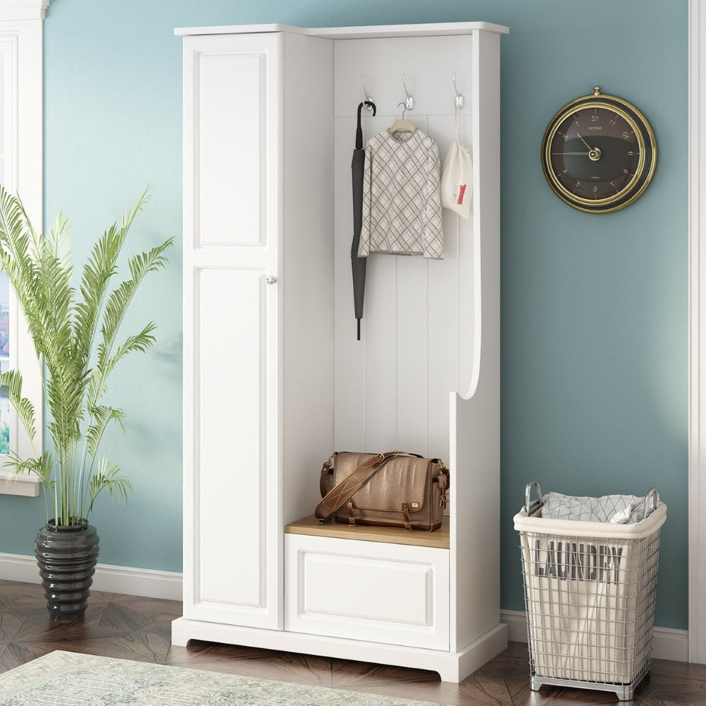 English Elm Stylish Minimalist Hall Tree with Flip Bench Shoe Cabinet and Hanging Hooks White N721P484458K