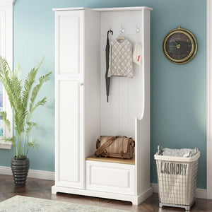 English Elm Stylish Minimalist Hall Tree with Flip Bench Shoe Cabinet and Hanging Hooks White N721P484458K