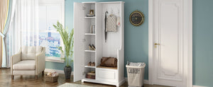 English Elm Stylish Minimalist Hall Tree with Flip Bench Shoe Cabinet and Hanging Hooks White N721P484458K