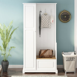 English Elm Stylish Minimalist Hall Tree with Flip Bench Shoe Cabinet and Hanging Hooks White N721P484458K