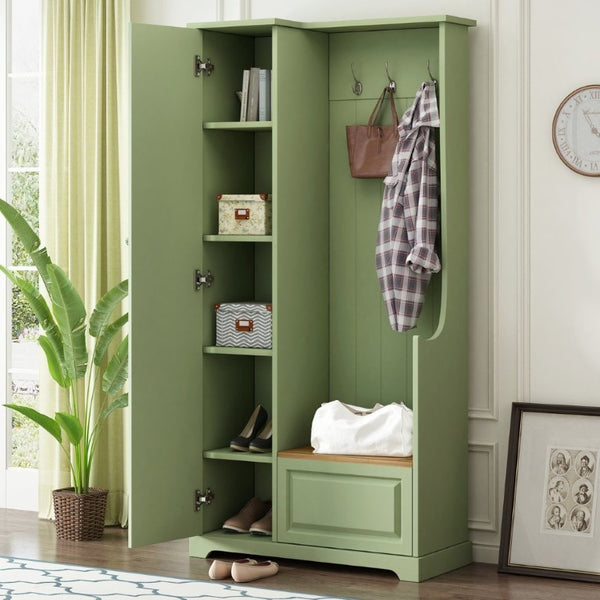 English Elm Stylish Green Hall Tree with Flip up Bench Concealed Storage and Four Shelf Cabinet N721P484458M