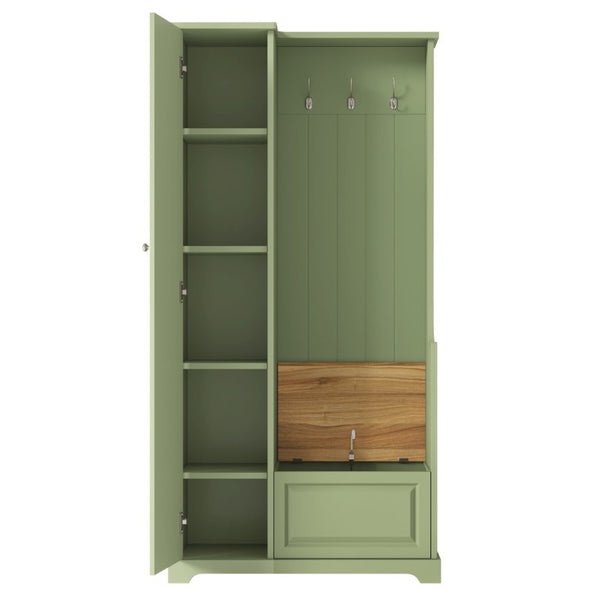 English Elm Stylish Green Hall Tree with Flip up Bench Concealed Storage and Four Shelf Cabinet N721P484458M