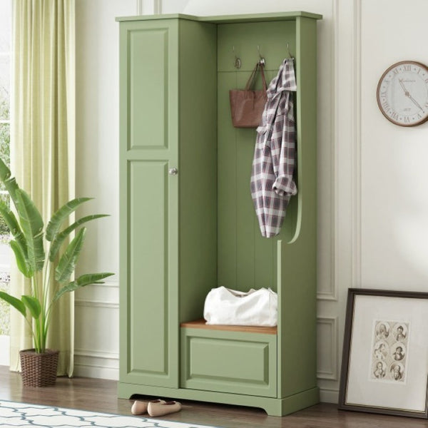 English Elm Stylish Green Hall Tree with Flip up Bench Concealed Storage and Four Shelf Cabinet N721P484458M