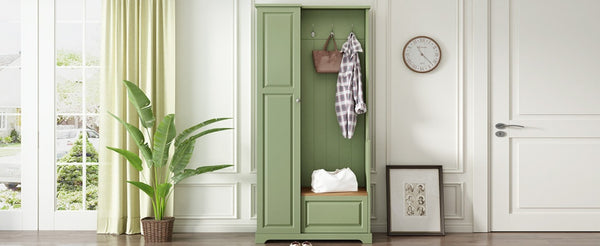 English Elm Stylish Green Hall Tree with Flip up Bench Concealed Storage and Four Shelf Cabinet N721P484458M
