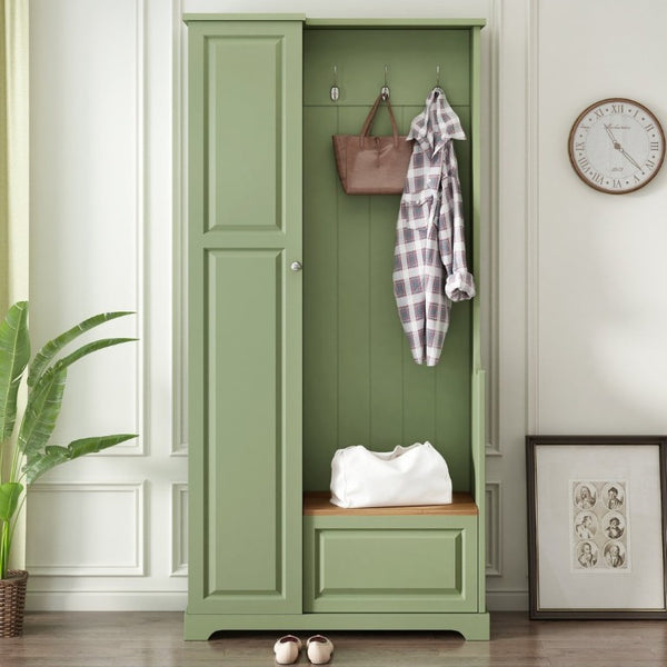 English Elm Stylish Green Hall Tree with Flip up Bench Concealed Storage and Four Shelf Cabinet N721P484458M