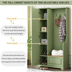 English Elm Stylish Green Hall Tree with Flip up Bench Concealed Storage and Four Shelf Cabinet N721P484458M
