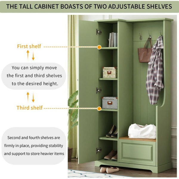 English Elm Stylish Green Hall Tree with Flip up Bench Concealed Storage and Four Shelf Cabinet N721P484458M