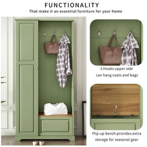 English Elm Stylish Green Hall Tree with Flip up Bench Concealed Storage and Four Shelf Cabinet N721P484458M