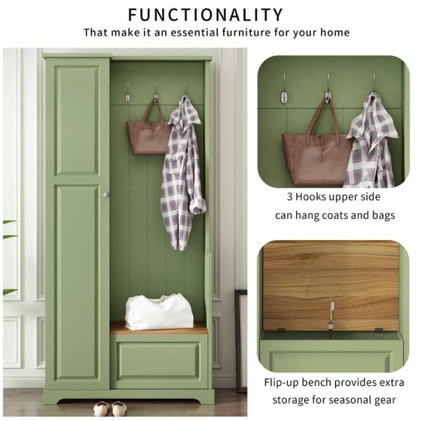 English Elm Stylish Green Hall Tree with Flip up Bench Concealed Storage and Four Shelf Cabinet N721P484458M