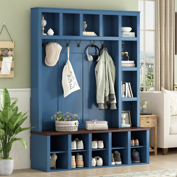 English Elm Farmhouse Hall Tree with Bench Cubbies and Six Hooks for Mudroom Entryway Storage N721S000044C-1