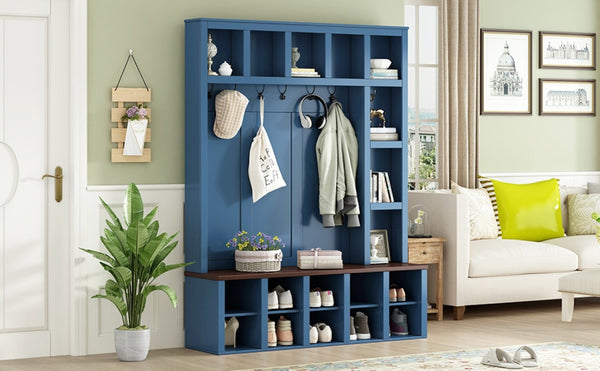 English Elm Farmhouse Hall Tree with Bench Cubbies and Six Hooks for Mudroom Entryway Storage N721S000044C-1
