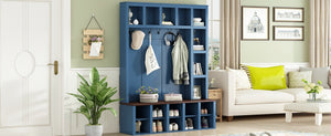 English Elm Farmhouse Hall Tree with Bench Cubbies and Six Hooks for Mudroom Entryway Storage N721S000044C-1