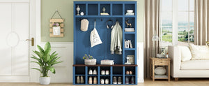 English Elm Farmhouse Hall Tree with Bench Cubbies and Six Hooks for Mudroom Entryway Storage N721S000044C-1